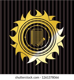 notebook with pencil icon inside gold badge