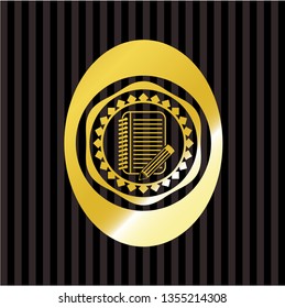 notebook with pencil icon inside gold shiny badge