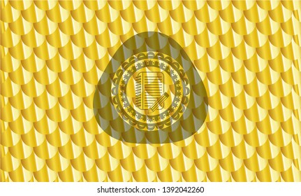 notebook with pencil icon inside gold emblem. Scales pattern. Vector Illustration. Detailed.