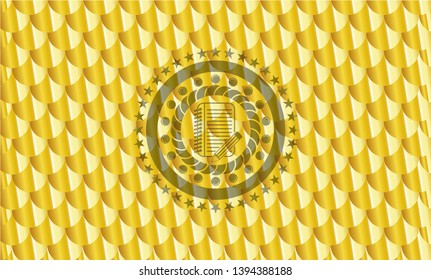 notebook with pencil icon inside gold emblem. Scales pattern. Vector Illustration. Detailed.