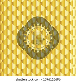 notebook with pencil icon inside gold badge. Scales pattern. Vector Illustration. Detailed.