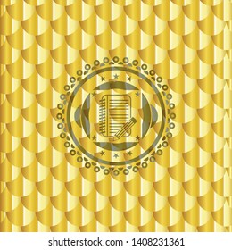 notebook with pencil icon inside gold shiny emblem. Scales pattern. Vector Illustration. Detailed.