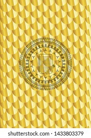 notebook with pencil icon inside gold badge or emblem. Scales pattern. Vector Illustration. Detailed.