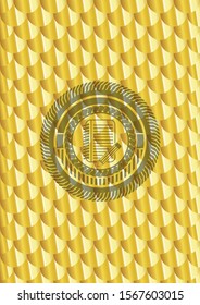 notebook with pencil icon inside gold shiny badge. Scales pattern. Vector Illustration. Detailed.