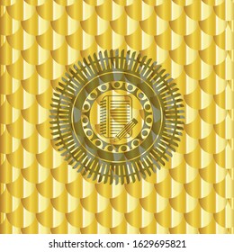 notebook with pencil icon inside gold shiny emblem. Scales pattern. Vector Illustration. Detailed.