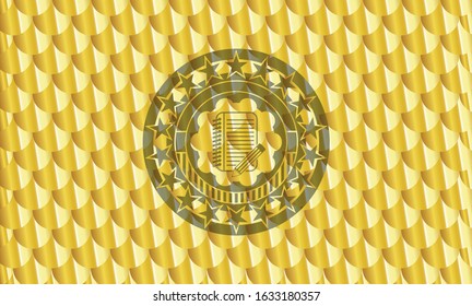 notebook with pencil icon inside gold shiny emblem. Scales pattern. Vector Illustration. Detailed.