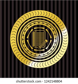 notebook with pencil icon inside golden emblem