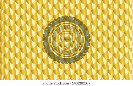 notebook with pencil icon inside golden badge or emblem. Scales pattern. Vector Illustration. Detailed.
