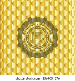 notebook with pencil icon inside golden emblem or badge. Scales pattern. Vector Illustration. Detailed.