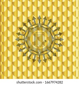 notebook with pencil icon inside golden emblem or badge. Scales pattern. Vector Illustration. Detailed.