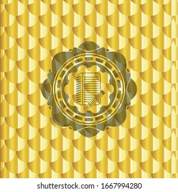 cuaderno con icono de lápiz dentro del emblema dorado. Patrón de escalas. Ilustración vectorial. Detallado.