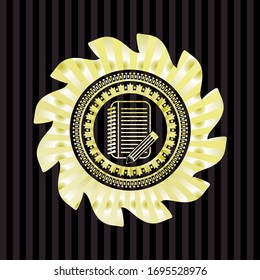 notebook with pencil icon inside golden emblem or badge