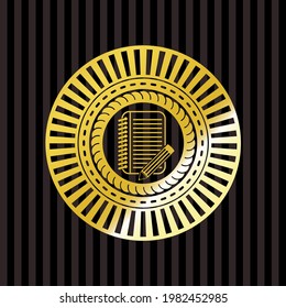 Notizbuch mit Bleistift-Symbol in goldenem Emblem. 