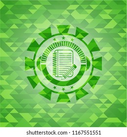 notebook with pencil icon inside green emblem with triangle mosaic background