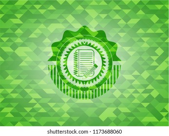 notebook with pencil icon inside green emblem with triangle mosaic background