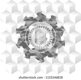 notebook with pencil icon inside grey emblem. Retro with geometric cube white background