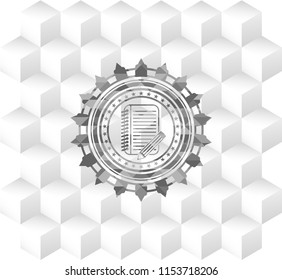 notebook with pencil icon inside grey emblem with cube white background