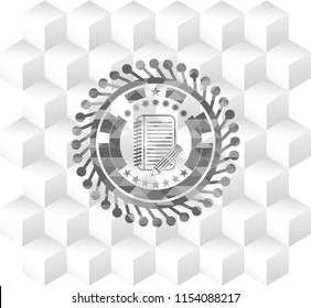 notebook with pencil icon inside grey emblem with cube white background