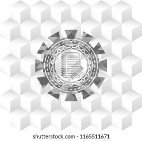notebook with pencil icon inside grey badge with geometric cube white background