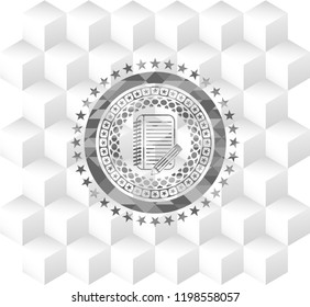 notebook with pencil icon inside grey emblem with cube white background