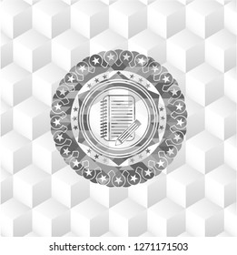 notebook with pencil icon inside grey emblem with cube white background