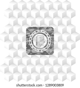 notebook with pencil icon inside grey emblem. Vintage with geometric cube white background
