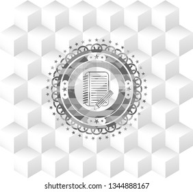 notebook with pencil icon inside grey badge with geometric cube white background