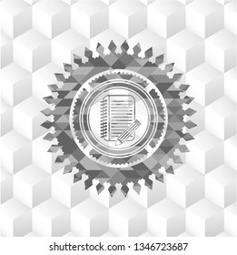 notebook with pencil icon inside grey badge with geometric cube white background