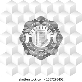 notebook with pencil icon inside grey badge with geometric cube white background