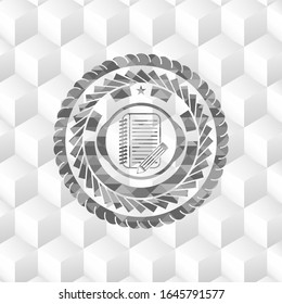 notebook with pencil icon inside grey badge with geometric cube white background