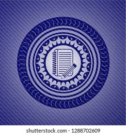 notebook with pencil icon inside jean or denim emblem or badge background