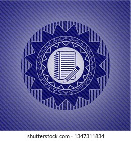 notebook with pencil icon inside jean or denim emblem or badge background
