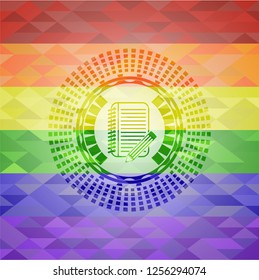 notebook with pencil icon inside lgbt colors emblem 