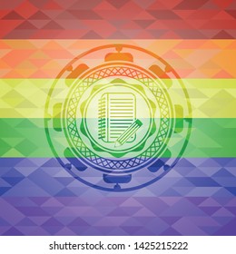 notebook with pencil icon inside lgbt colors emblem 