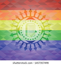 notebook with pencil icon inside lgbt colors emblem 