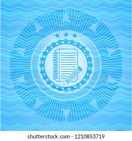notebook with pencil icon inside light blue water badge background.