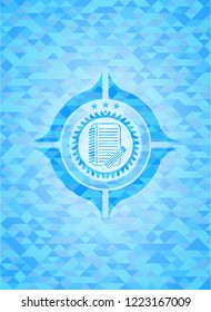 notebook with pencil icon inside light blue mosaic emblem