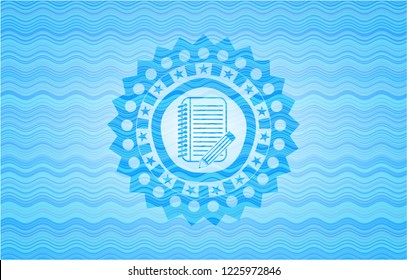 notebook with pencil icon inside light blue water wave style emblem.