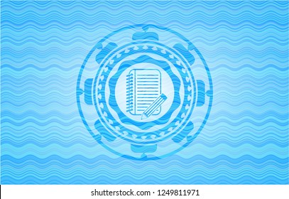 notebook with pencil icon inside light blue water wave badge.