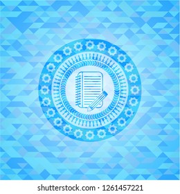 notebook with pencil icon inside light blue emblem with mosaic ecological style background