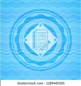 notebook with pencil icon inside light blue water wave style badge.