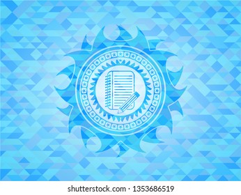 notebook with pencil icon inside light blue emblem. Mosaic background