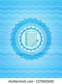 notebook with pencil icon inside light blue water badge.