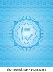 notebook with pencil icon inside light blue water wave emblem.