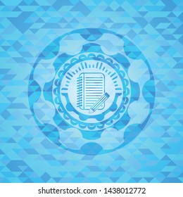 notebook with pencil icon inside light blue emblem with triangle mosaic background