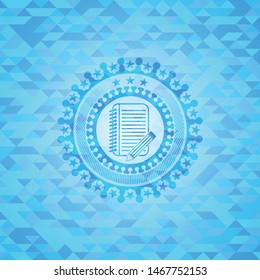 notebook with pencil icon inside light blue emblem. Mosaic background