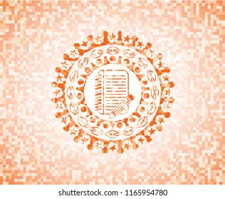 notebook with pencil icon inside orange mosaic emblem with background