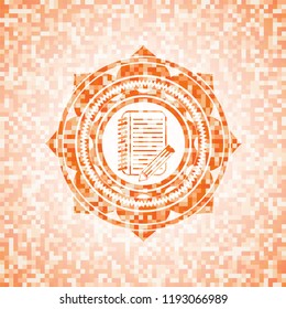 notebook with pencil icon inside orange tile background illustration. Square geometric mosaic seamless pattern with emblem inside.