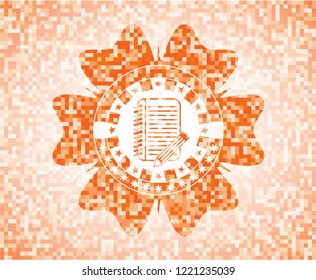 notebook with pencil icon inside orange mosaic emblem with background