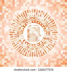 notebook with pencil icon inside orange mosaic emblem with background